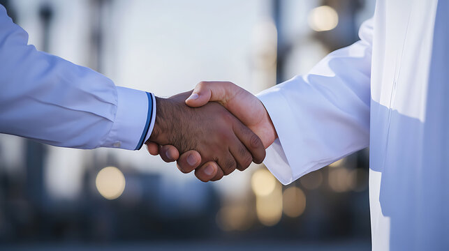 Sealing the deal with a firm handshake! Two individuals connect in a gesture of unity and partnership, showcasing cooperation, trust, and mutual respect in business.