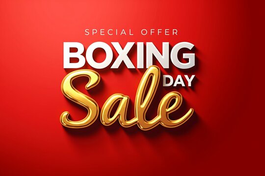 Boxing Day sale special offer. Bold white and gold text on vibrant red background, festive shopping promotion design.