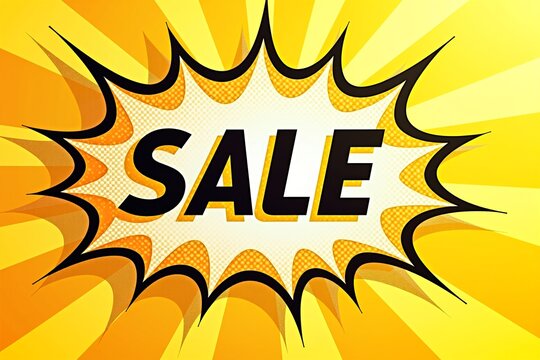 Vibrant comic-style "SALE" burst graphic. Bold letters, radiant yellow-orange background. Eye-catching promotional design.