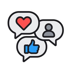 Three speech bubbles with social media icons: a heart, a thumbs-up, and a person silhouette.