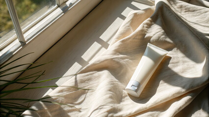 Obraz premium A cream tube sits on light fabric near a sunny window. Soft shadows fall across the surface, creating a warm and inviting scene perfect for relaxation
