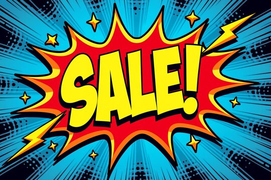 Vibrant comic-style "SALE!" burst in red and yellow, surrounded by stars on dynamic blue background. Bold, eye-catching advertisement design. - Powered by Adobe