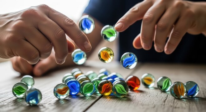 Close-up of hands playing with colorful glass marbles on a wooden table with natural light.