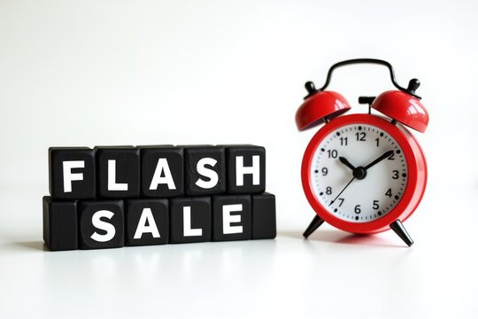 Flash sale blocks beside red alarm clock, symbolizing time-sensitive shopping deals. Minimalist white background.