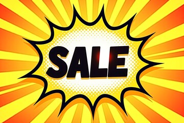 Vibrant comic-style "SALE" burst graphic. Bold letters, radiant yellow-orange background. Eye-catching promotional design.
