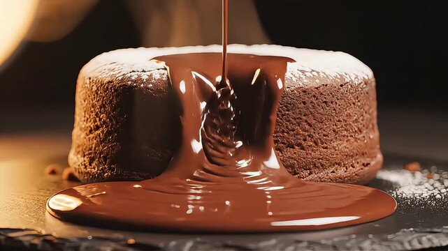 Decadent Chocolate Lava Cake with Flowing Melted Chocolate Sauce and Powdered Sugar Dusting. - Powered by Adobe