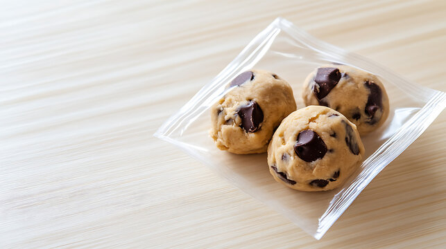 Three chocolate chip cookie dough balls in a clear plastic bag sit on a light wood surface, inviting a tasty baking adventure. Ready to bake or enjoy raw!