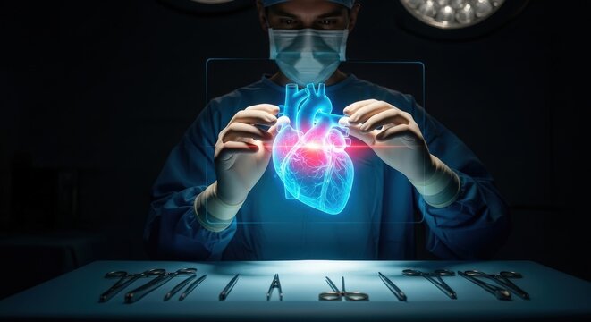 Surgeon holding glowing digital heart with surgical instruments on table