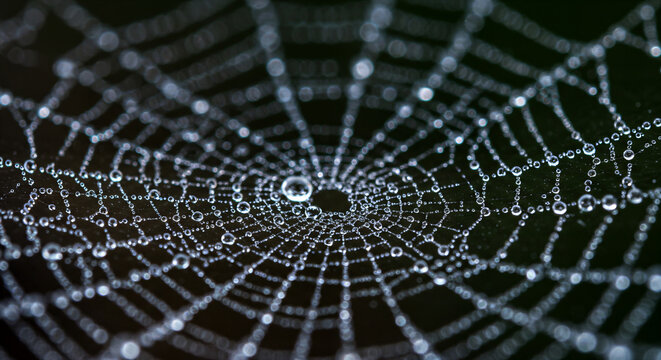 Delicate spiderweb adorned with glistening dew drops, captures nature's intricate beauty and wonder