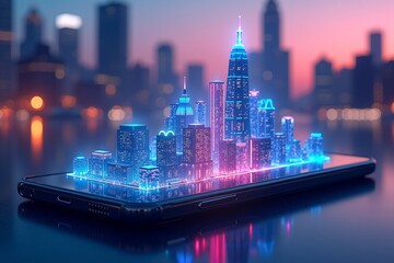 Neon cityscape floats on smartphone screen, glowing blue and pink against blurred urban backdrop. Futuristic digital metropolis displayed in holographic style.