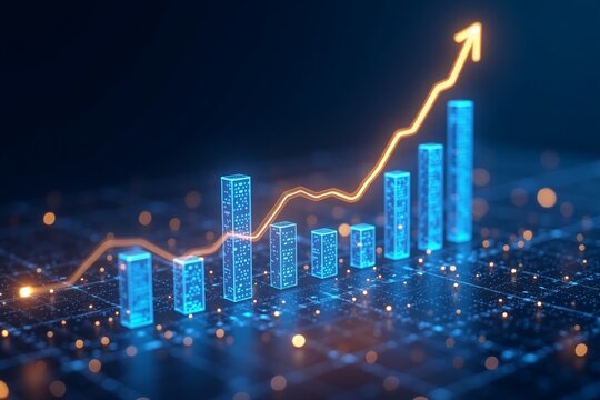 Blue digital bars rise alongside glowing orange arrow, symbolizing growth and success in futuristic data analytics.