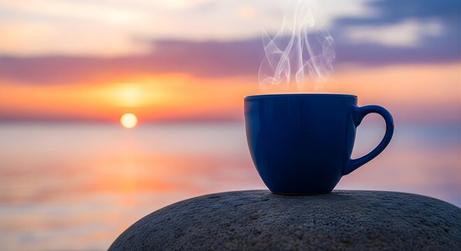 Steaming blue coffee mug on rock at sunrise over calm ocean water