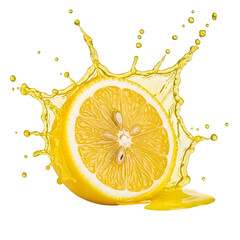 Fresh lemon half splashing with juicy, perfect for citrus, freshness, drink, and healthy food design projects. isolated on white or transparent background.PNG format.