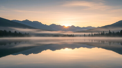 Fototapeta premium Misty Mountain Reflection on Lake at Soft Golden Sunrise