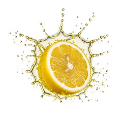 Fresh lemon half splashing with juicy, perfect for citrus, freshness, drink, and healthy food design projects. isolated on white or transparent background.PNG format.