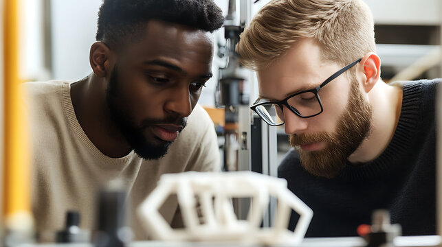 Two engineers collaborate, scrutinizing a 3D-printed model.  Their focused expressions highlight the complex analysis of design and functionality.  Innovation in action!