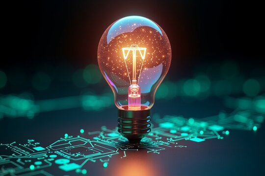 glowing lightbulb on futuristic circuit board, blending innovation and technology in vibrant neon hues.
