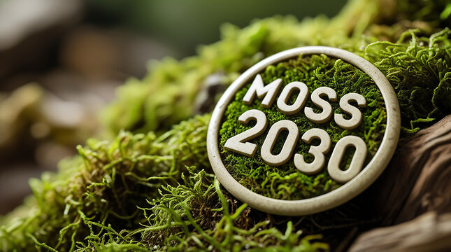 Moss 2030" emblem rests nestled within vibrant green moss on an old wooden surface, symbolizing environmental goals and sustainable future initiatives
