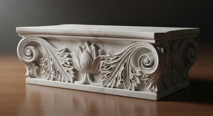Naklejka premium Ornate marble box with intricate floral and leaf designs on wooden surface