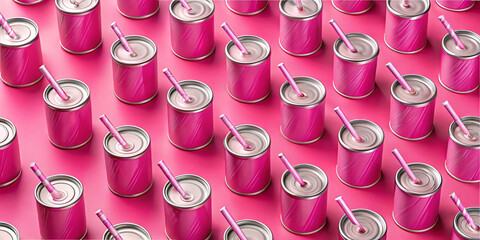 A vibrant display of pink cans with silver lids and straws is arranged neatly on a bright pink surface, creating an eye-catching and playful atmosphere suitable for various events