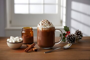 Warm Cup of Cocoa with Whipped Cream and Chocolate Shavings in Rustic Kitchen 
