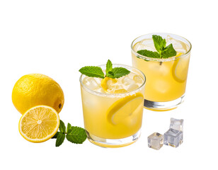 Fototapeta premium Refreshing lemon and mint beverages served in glasses with ice cubes and fresh lemon slices