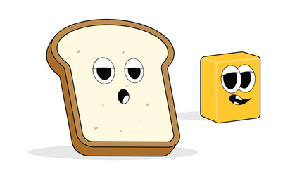 Funny bread and cheese characters with cartoon faces isolated on white background