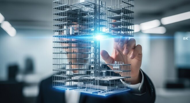 Architect interacts with futuristic 3d building model using holographic technology - Powered by Adobe