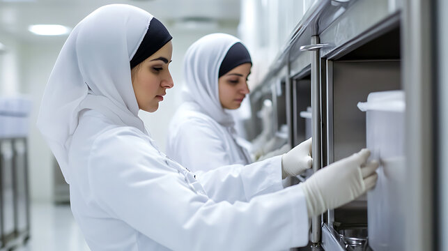 Two women wearing lab coats and hijabs are working meticulously inside a clean, modern laboratory. They appear to be engaged in scientific research or quality control.