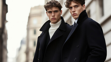 Stylishly attired, the duo exudes classic charm in tailored dark coats, complemented by neatly styled hair, set against a soft, blurred cityscape backdrop.