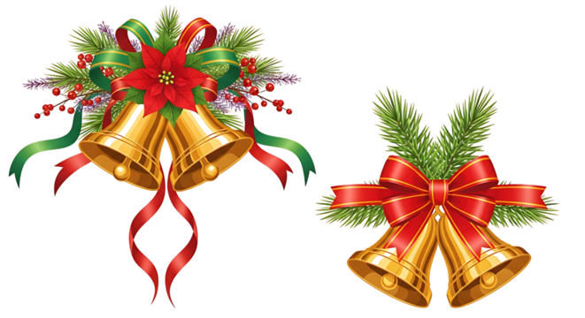Christmas Bells With Poinsettia And Pine Sprigs golden