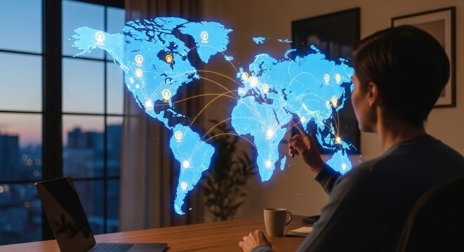 Person interacting with a futuristic holographic world map display