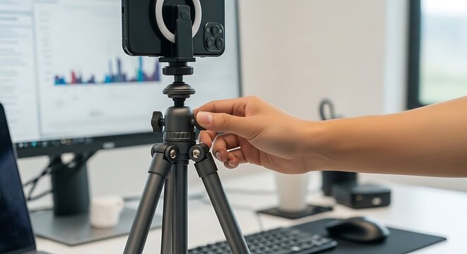 Hand adjusting tripod for smartphone recording in office setting - Powered by Adobe