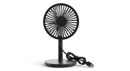 Small black electric desk fan with power cord