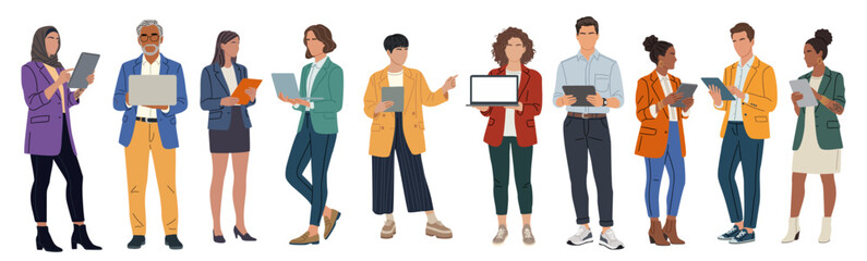 Flat minimalist vector of ten diverse professionals holding laptops and tablets. Modern business casual style with clean lines and bright, cohesive color palette on transparent background.