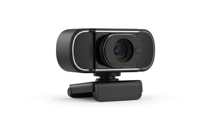 Modern black webcam with adjustable stand on white background
