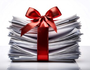 Stack of paper tied with red ribbon, resembling a gift, symbolizing paperwork, gifts, and celebration