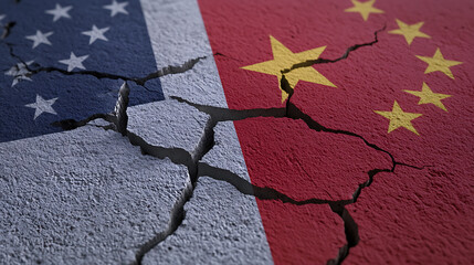 A visual representation of strained relations, showing two flags split by cracks. Symbolizes tension, conflict, and the potential for fracture. Flags, tension, and division.
