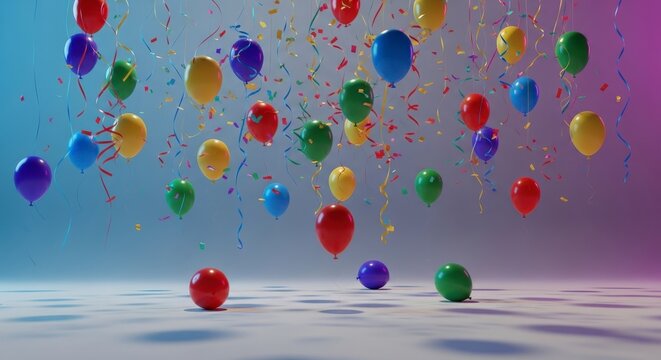 Festive array of colorful balloons and confetti creating a celebratory atmosphere for parties and events on transparent background