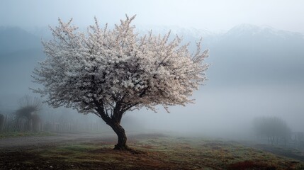 Solitary White Flowering Tree in Misty Landscape with Mountains spring nature