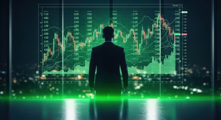 Silhouette of businessman observing glowing green financial stock market data charts