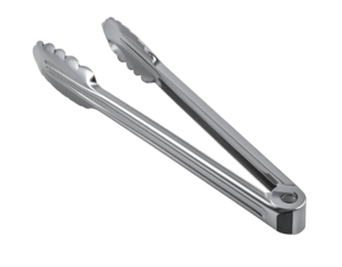 Stainless steel kitchen tongs with a sleek design and scalloped gripping edges for easy handling of food items