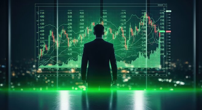 Silhouette of businessman observing glowing green financial stock market data charts