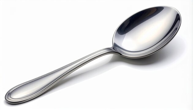 A single polished metal spoon with a smooth bowl and subtly patterned handle, placed on a dark reflective surface. High contrast lighting emphasizes the spoon’s sleek, elegant design.