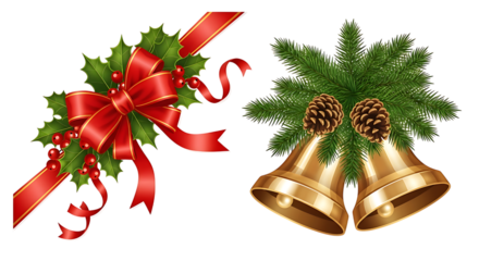 Christmas Holly Bow and Golden Bells with Pine Cones