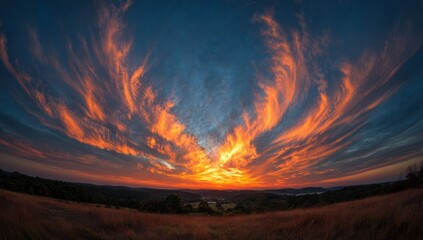 A dramatic sunset panorama reveals fiery clouds against a dark blue sky, stretching across the horizon over a landscape of rolling hills.