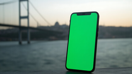A smartphone with a green screen display stands on a wooden surface, with a picturesque bridge and a serene body of water creating a scenic backdrop.  #greenscreen