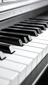 Close up perspective of a piano keyboard, black and white, with narrow depth of field