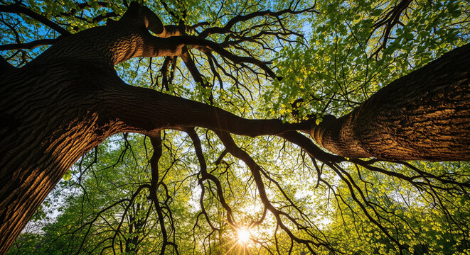 Expansive low-angle view looking up into a vibrant green forest canopy with sunlight streaming through the leaves