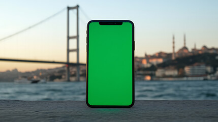 Modern phone with a green screen is displayed on a stone surface with a blurred cityscape backdrop featuring a bridge, sea, and distant buildings at sunset, creating a scenic contrast.